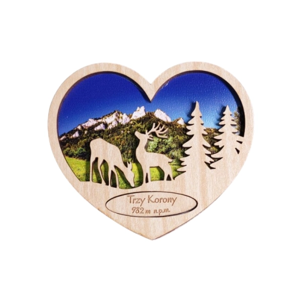 Drewniany magnes 2D serce- Jeleń N2